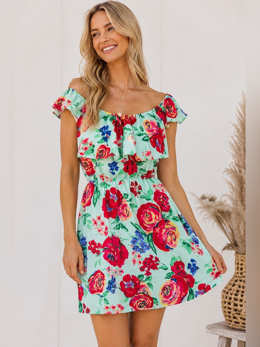 Everly Ruffle Top Floral Print Mini Dress Mint Size S NWT